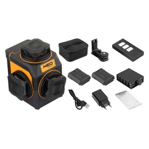 Laser krzyżowy zielony 3D 12 linii NEO TOOLS 75-145 akumulatorowy 30m etui pilot uchwyt magnetyczny zestaw dla fachowca