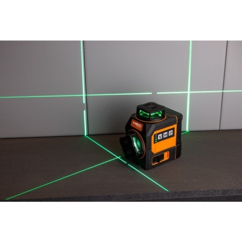 Laser krzyżowy zielony 3D 12 linii NEO TOOLS 75-145 akumulatorowy 30m etui pilot uchwyt magnetyczny zestaw dla fachowca