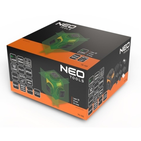 Laser krzyżowy zielony 3D 12 linii NEO TOOLS 75-145 akumulatorowy 30m etui pilot uchwyt magnetyczny zestaw dla fachowca