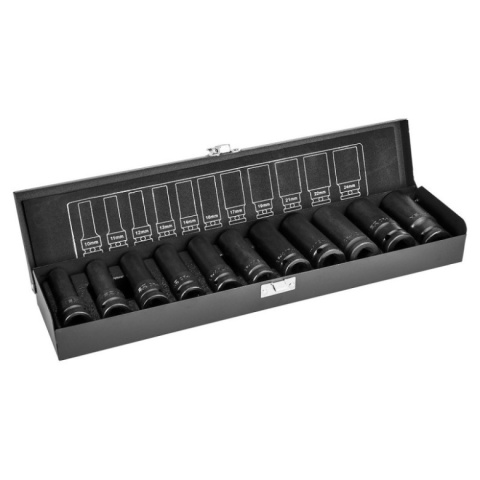 Zestaw długich nasadek udarowych 1/2 do kół 11 sztuk NEO TOOLS 12-102 10-24mm CrV w metalowej kasecie dla profesjonalistów