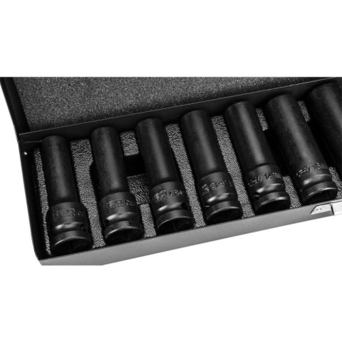 Zestaw długich nasadek udarowych 1/2 do kół 11 sztuk NEO TOOLS 12-102 10-24mm CrV w metalowej kasecie dla profesjonalistów