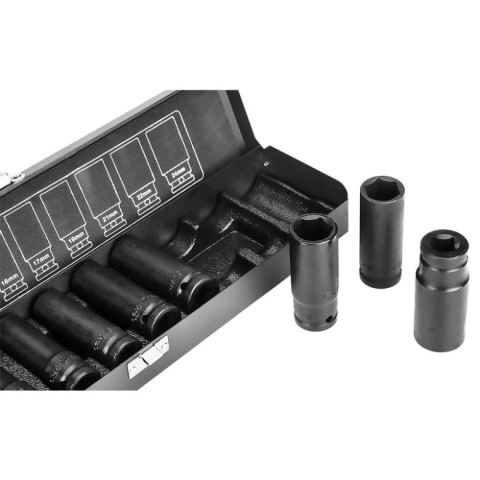 Zestaw długich nasadek udarowych 1/2 do kół 11 sztuk NEO TOOLS 12-102 10-24mm CrV w metalowej kasecie dla profesjonalistów