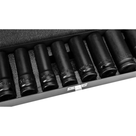 Zestaw długich nasadek udarowych 1/2 do kół 11 sztuk NEO TOOLS 12-102 10-24mm CrV w metalowej kasecie dla profesjonalistów